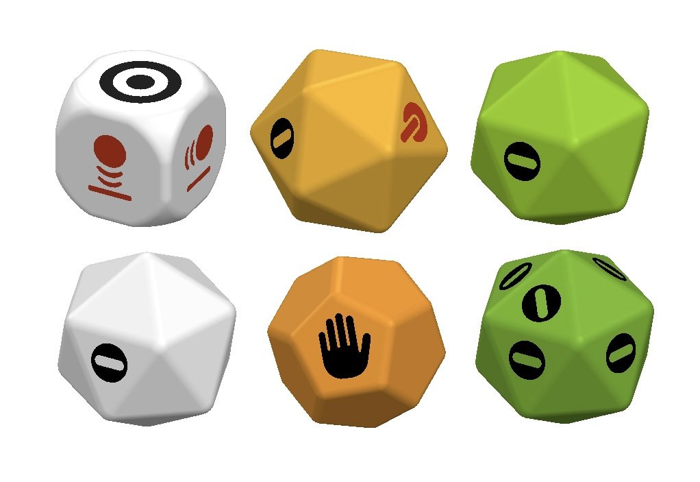 Assorted polyhedron dice with various symbols and colors, including white, orange, and green. Some dice have eye, ear, and hand icons.