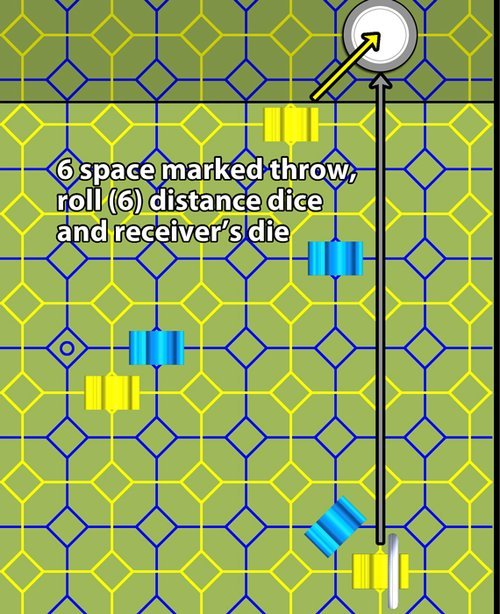 Game board with geometric grid, blue and yellow markers, labeled instructions, and a black arrow indicating movement direction.