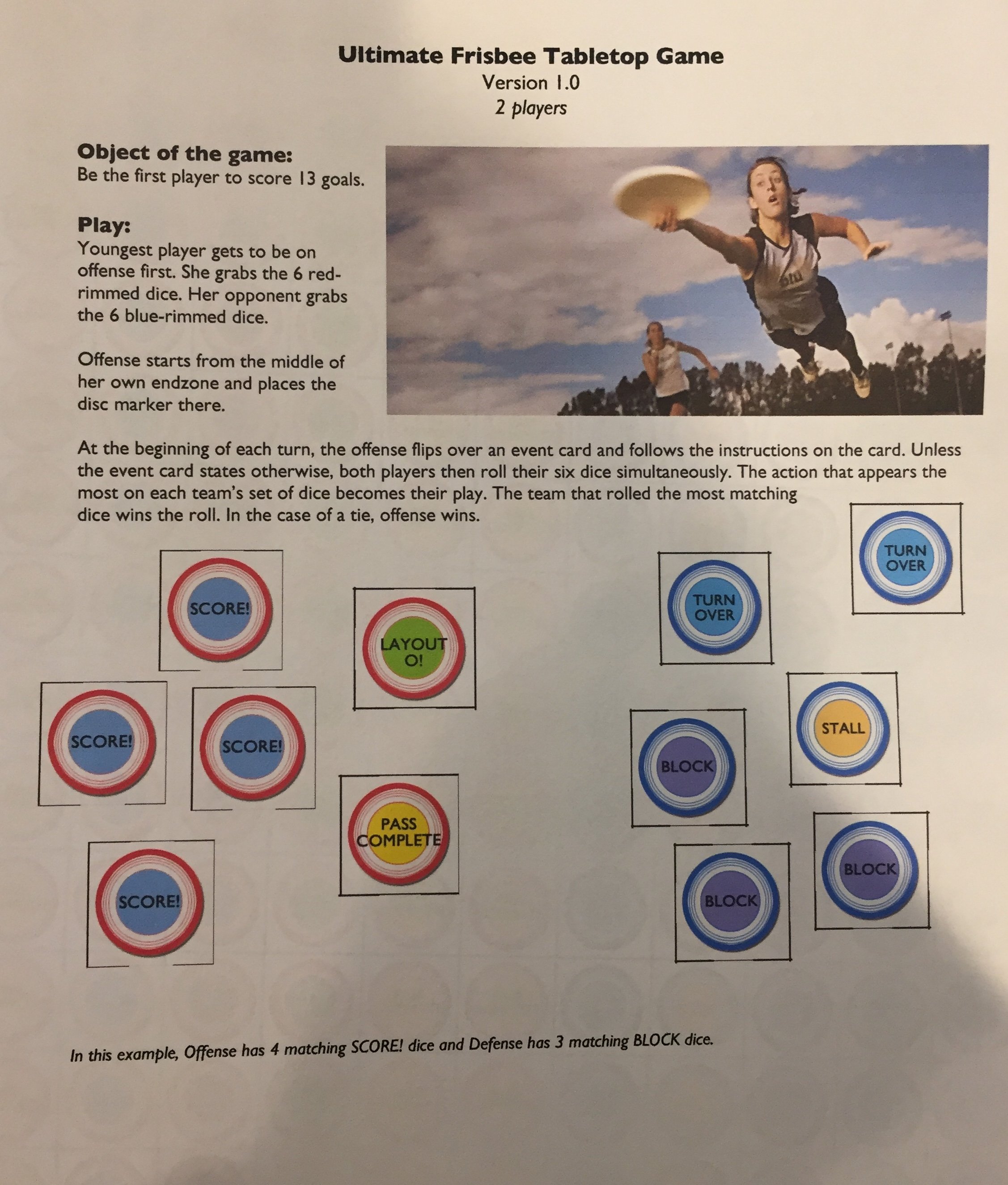 Instruction sheet for "Ultimate Frisbee Tabletop Game" Version 1.0 for 2 players, showing game rules, an image of a player catching a frisbee, and graphics of dice outcomes like "SCORE!" and "BLOCK."