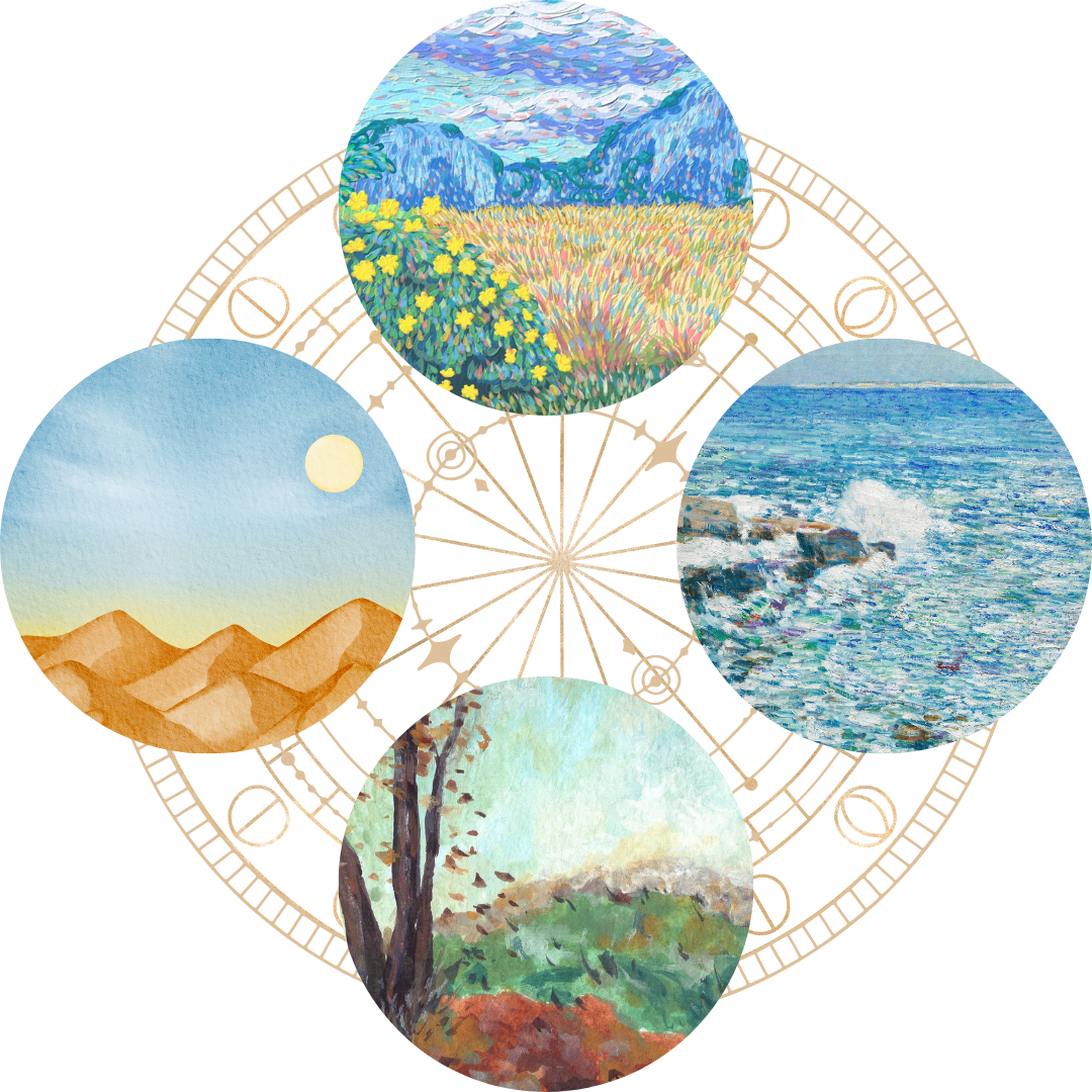 Collection of five landscape paintings: a mountain scene with fields of yellow flowers, a sunset over sandy dunes, a rocky seascape with waves hitting rocks, a painting of trees with autumn foliage, and a mountain view with a cloudy sky.
