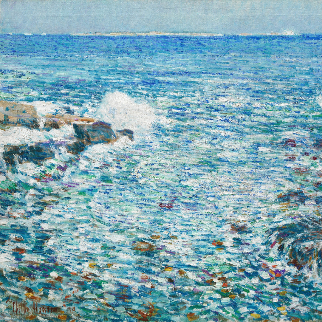 Oil painting of a seascape with blue ocean waves crashing against rocks on a bright day