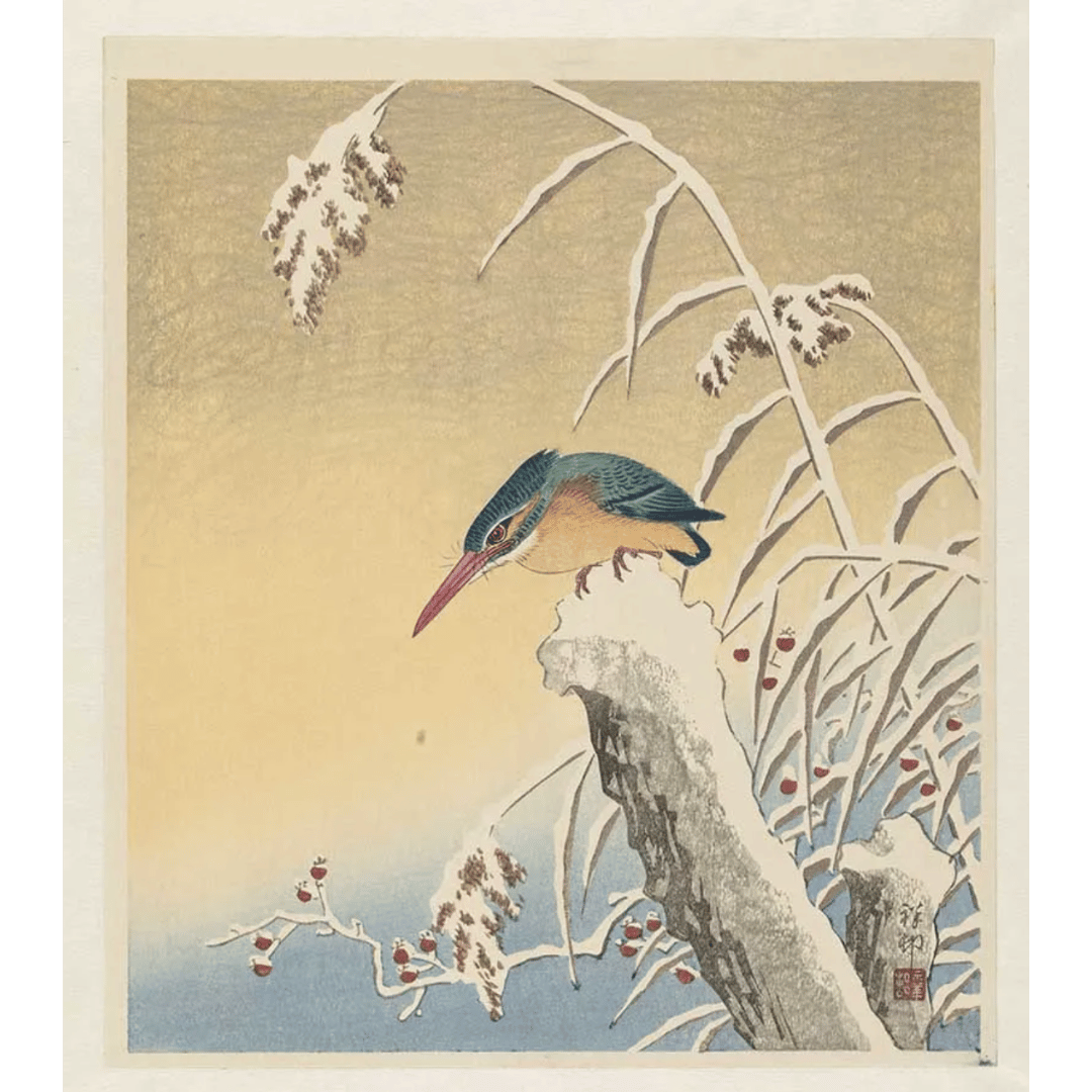 Traditional Japanese woodblock print of a kingfisher bird perched on a tree branch with snow and berries, with a gradient background from yellow to blue.
