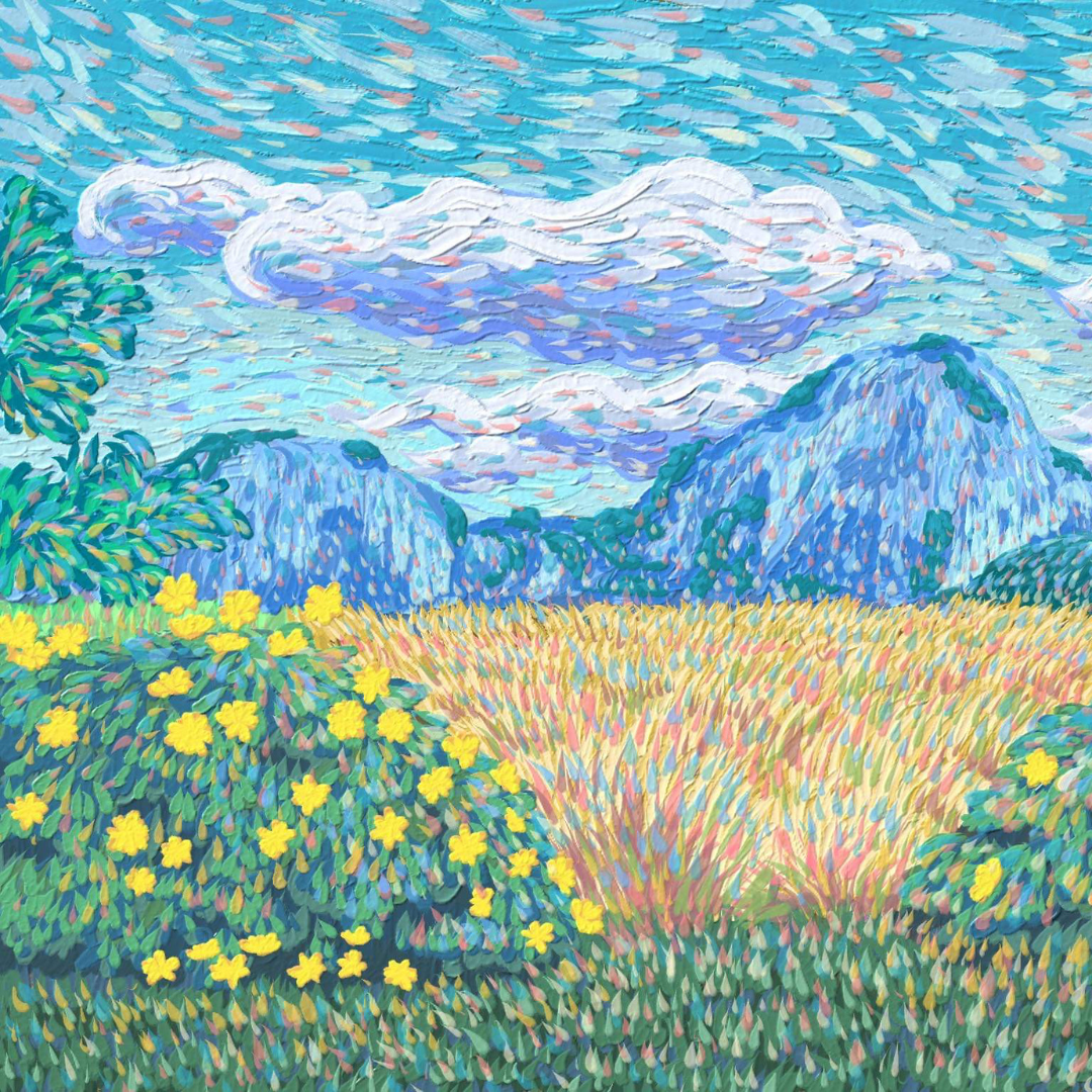 A colorful painting of a landscape with yellow flowers, green foliage, a field of wheat, blue mountains, and a sky with white and purple clouds.