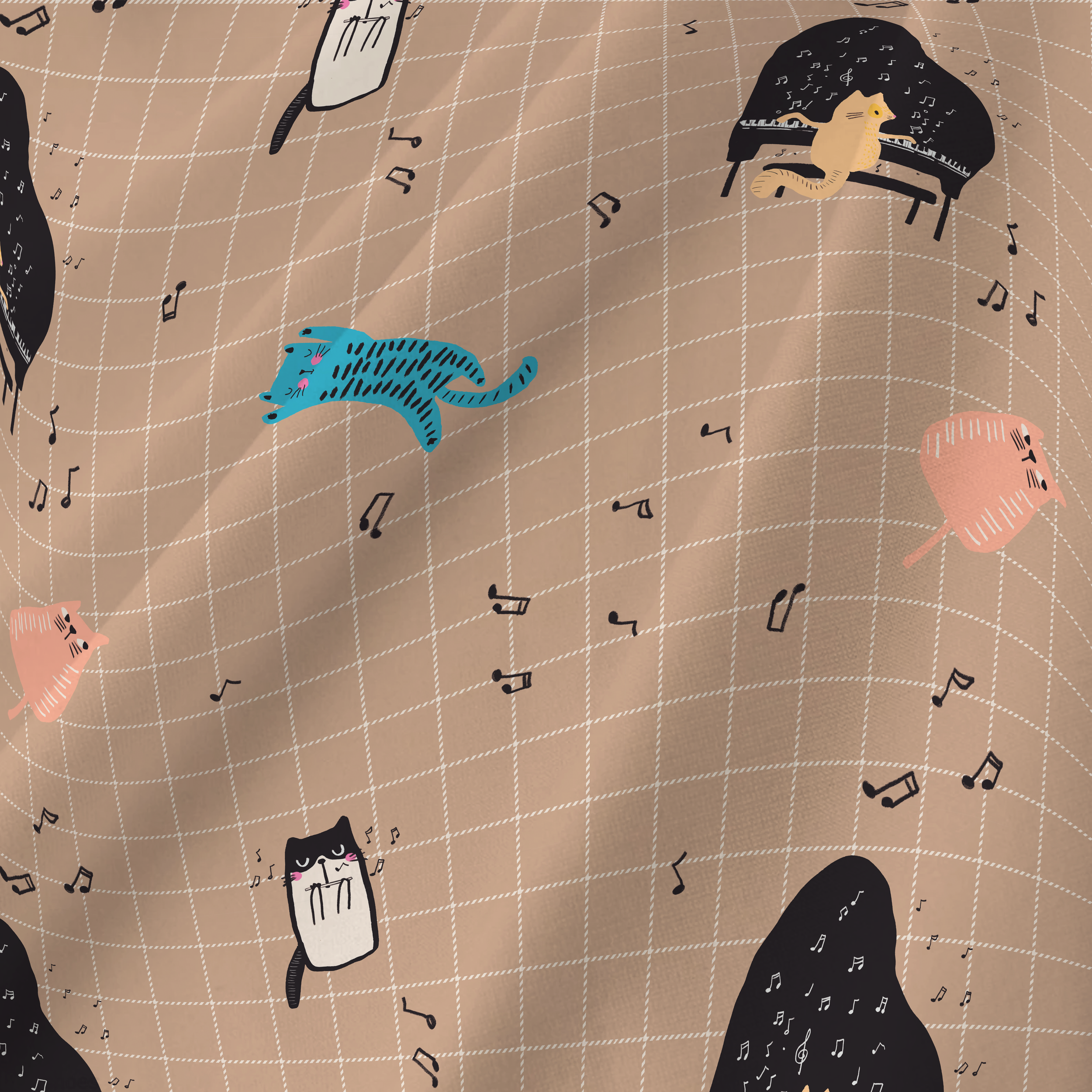 Patterned fabric featuring cartoon animals playing musical instruments, including a black cat playing the piano, a blue heathered cat playing the guitar, and a pink cat playing drums, with scattered musical notes.