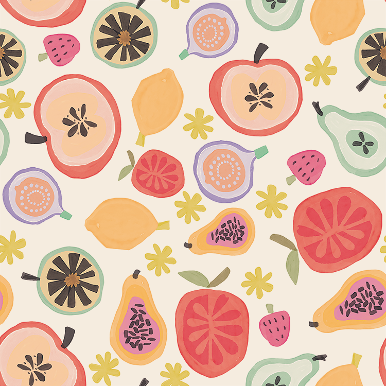 Pattern of various colorful fruits including apples, pears, lemons, pomegranates, strawberries, and figs, with small yellow flowers on a light background.