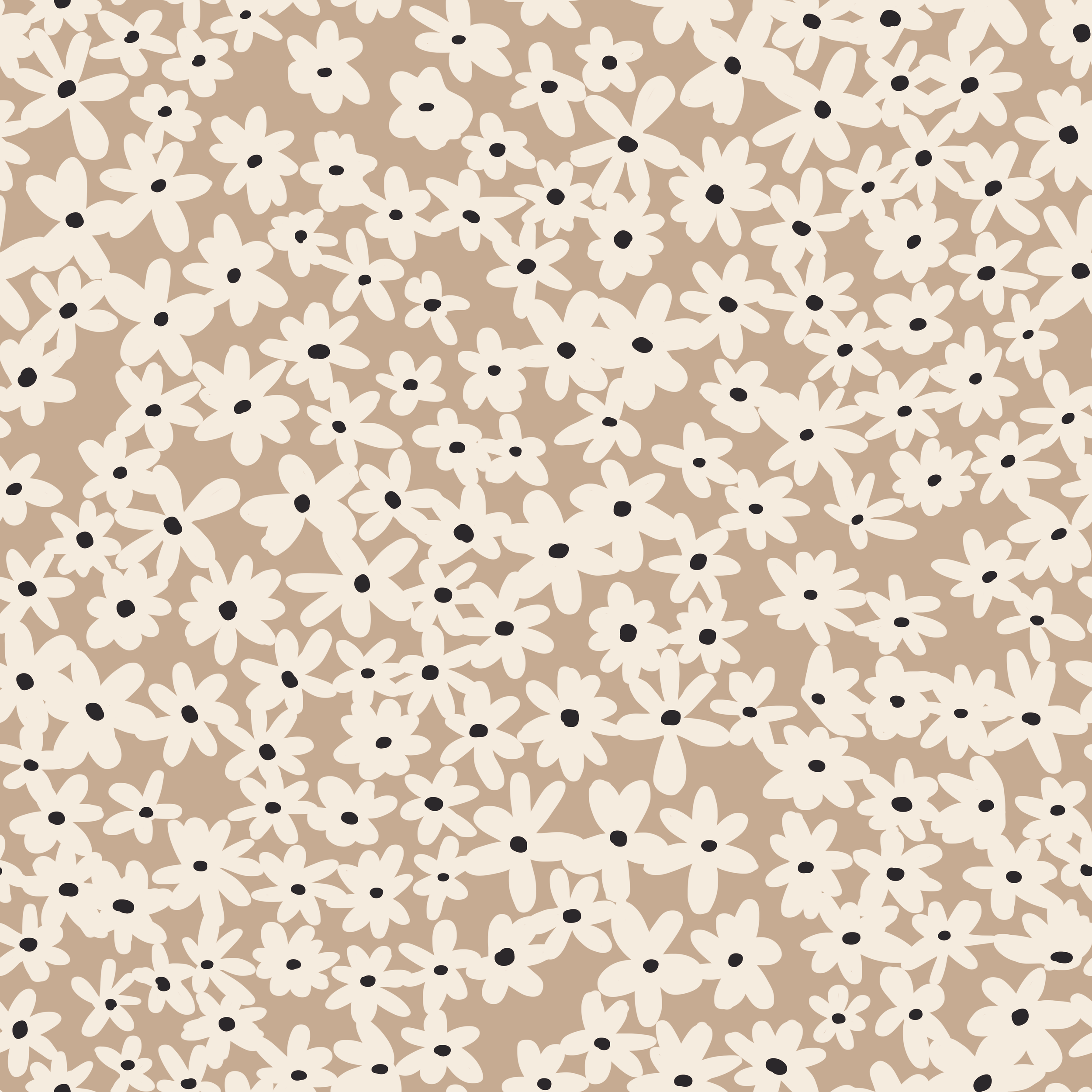 A pattern of cream-colored flowers with black centers on a beige background, arranged in a dense, overlapping design.