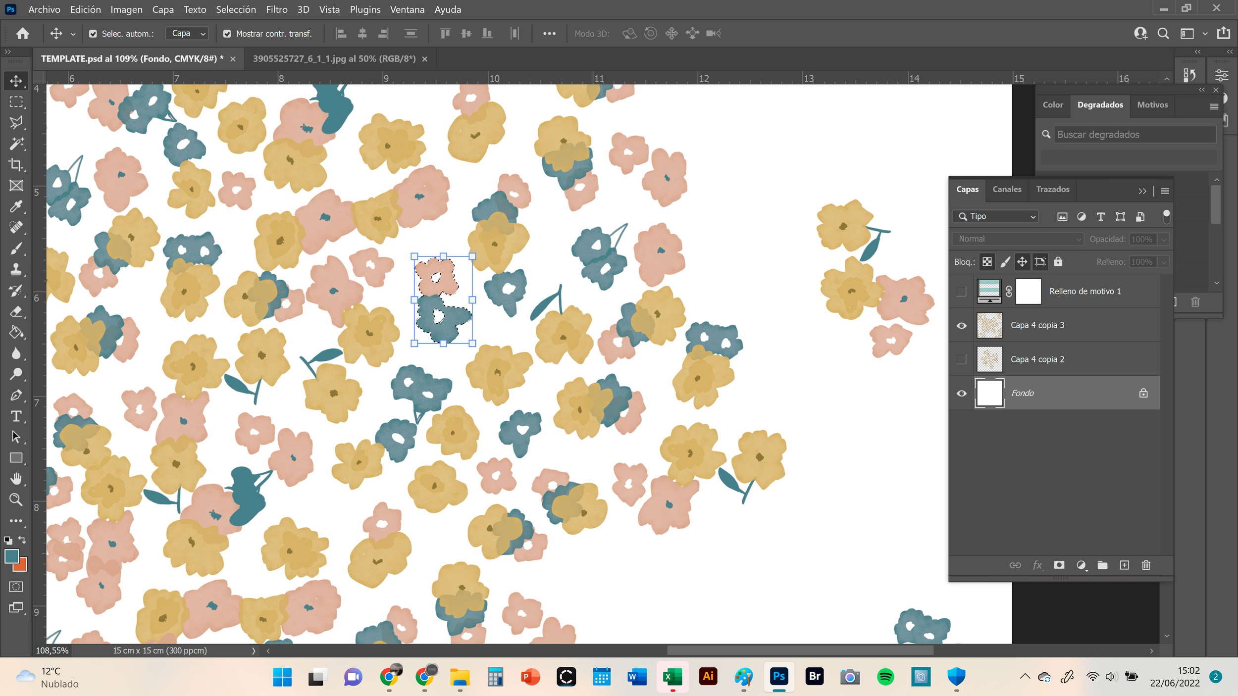 A digital workspace showing a floral pattern with pink, beige, and blue flowers on a white background. The workspace includes tools and layers panels indicating an editing process in a graphic design software.
