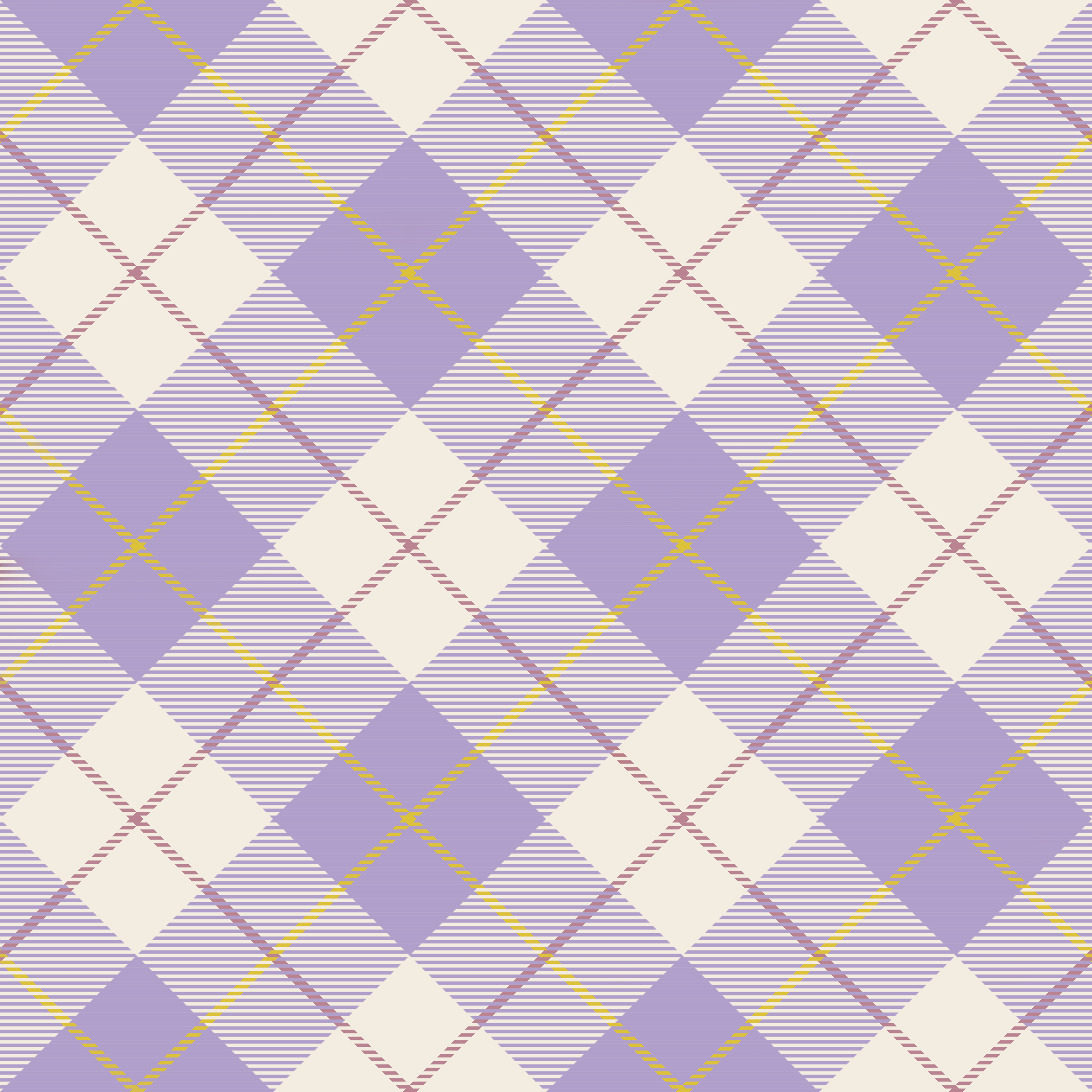 A geometric pattern of diamonds with purple, beige, brown, and yellow lines and stripes.