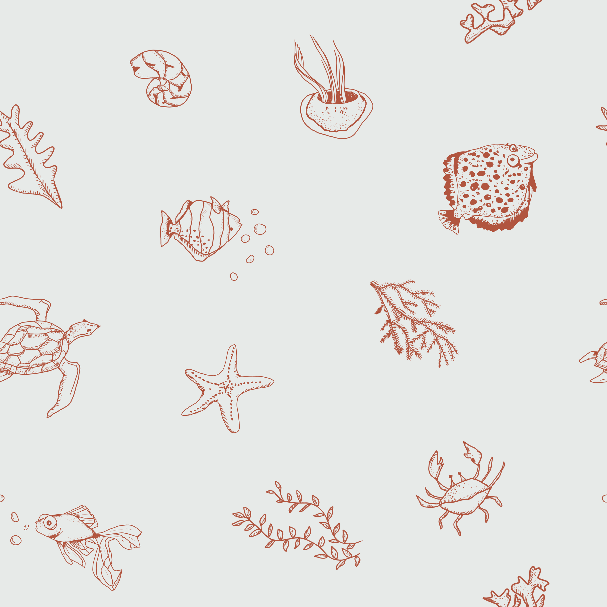 Pattern of line drawings featuring seashells, starfish, seaweed, coral, fish, crab, and other marine life elements on a light background.