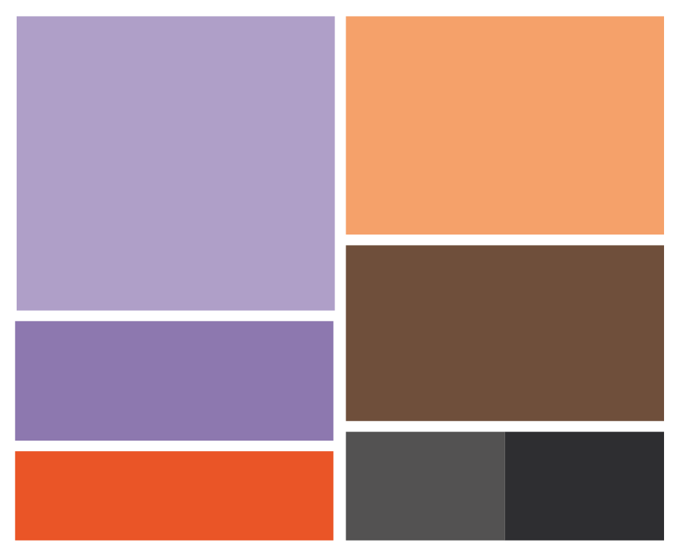 A color chart with 8 rectangular color patches arranged in two columns and four rows, including purple, orange, brown, red, gray, and black shades.
