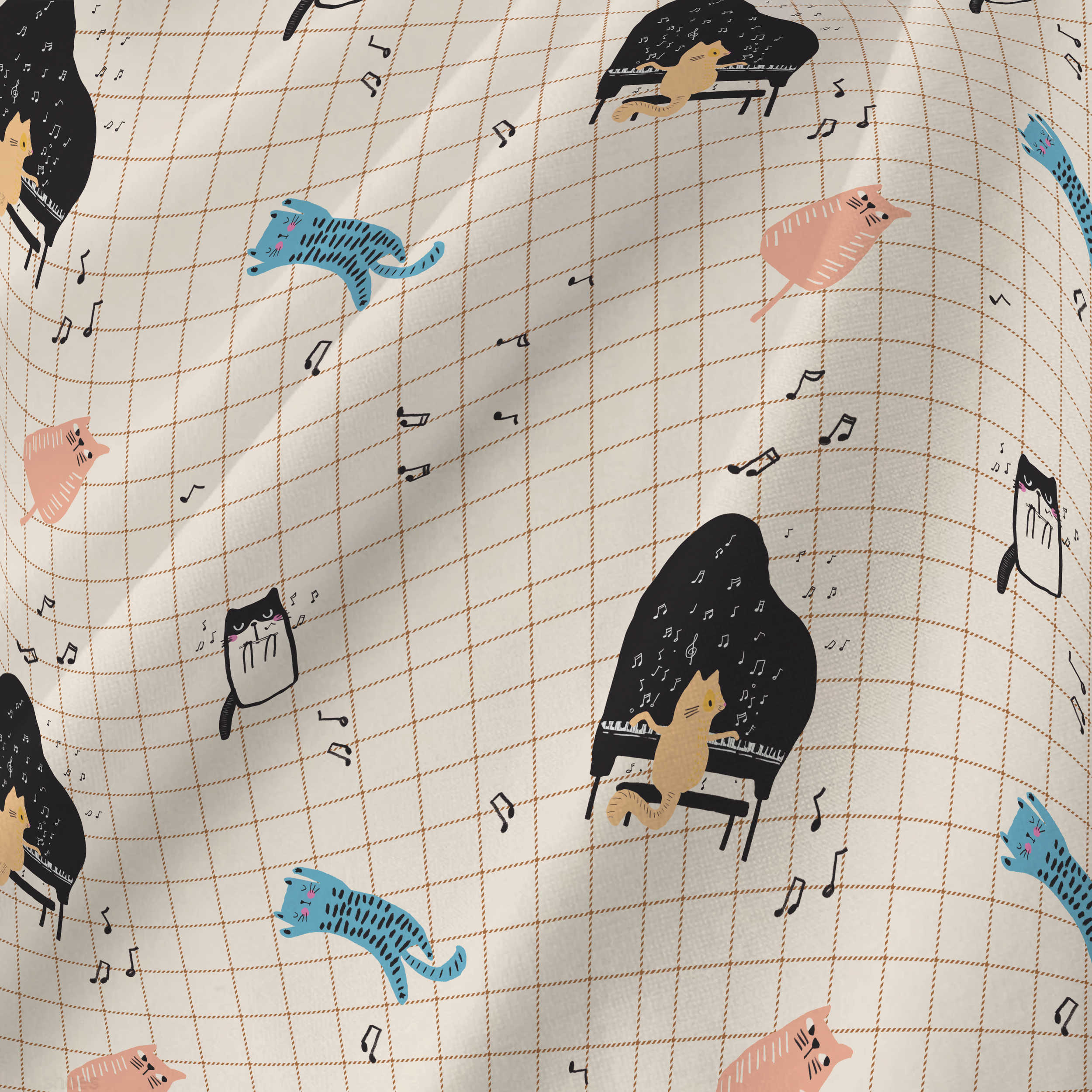 A fabric with a musical theme featuring cats and mice illustrations, musical notes, and a grid pattern.
