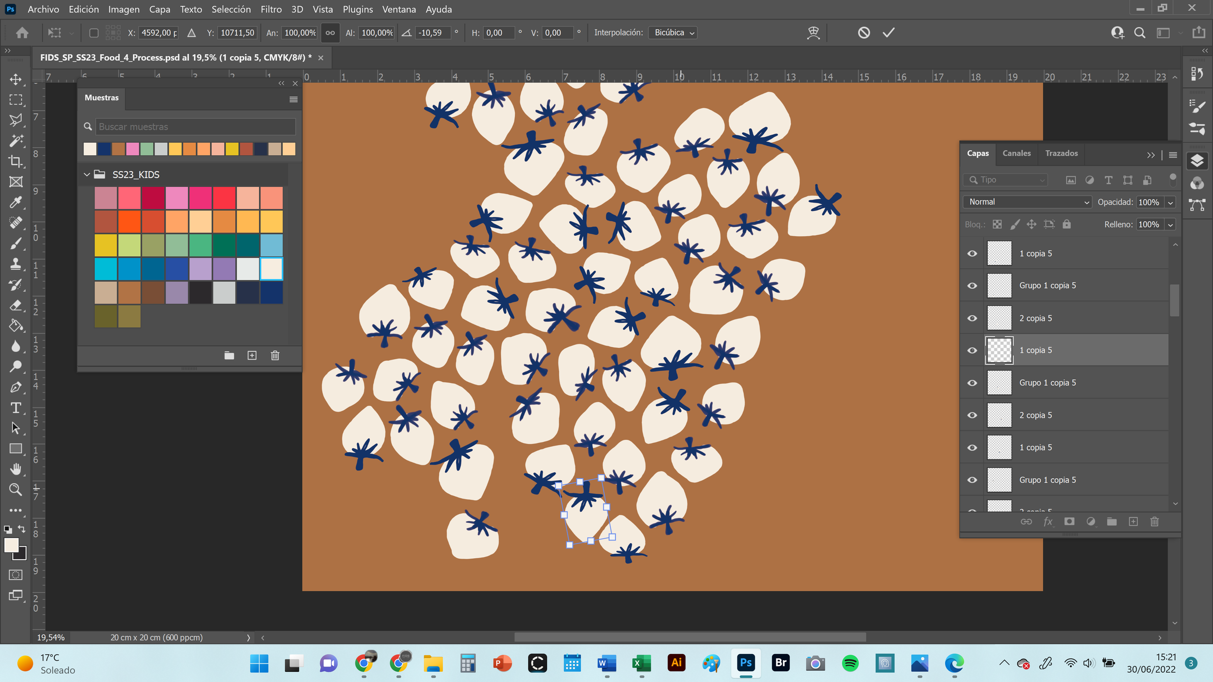 Digital illustration of small white rocks scattered on a brown background with blue sprigs on top.