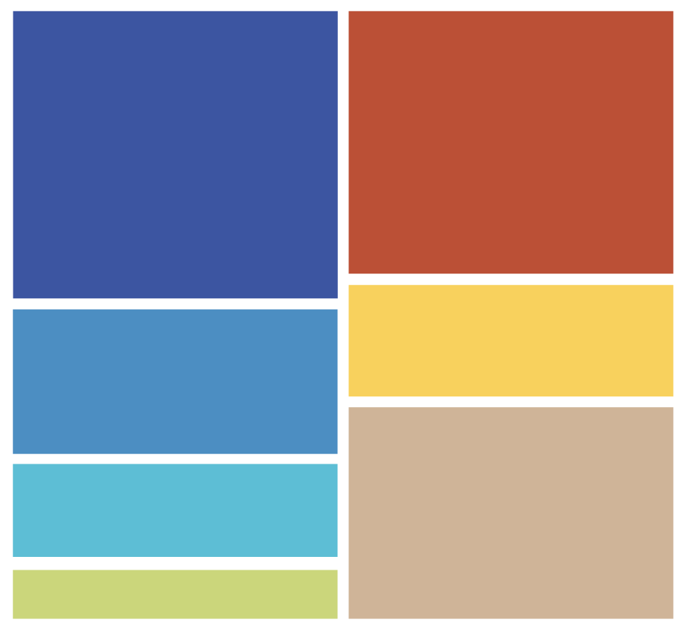A color palette of eight swatches arranged in a grid with black borders. The colors are dark blue, reddish-brown, medium blue, light blue, light green, yellow, beige, and orange.
