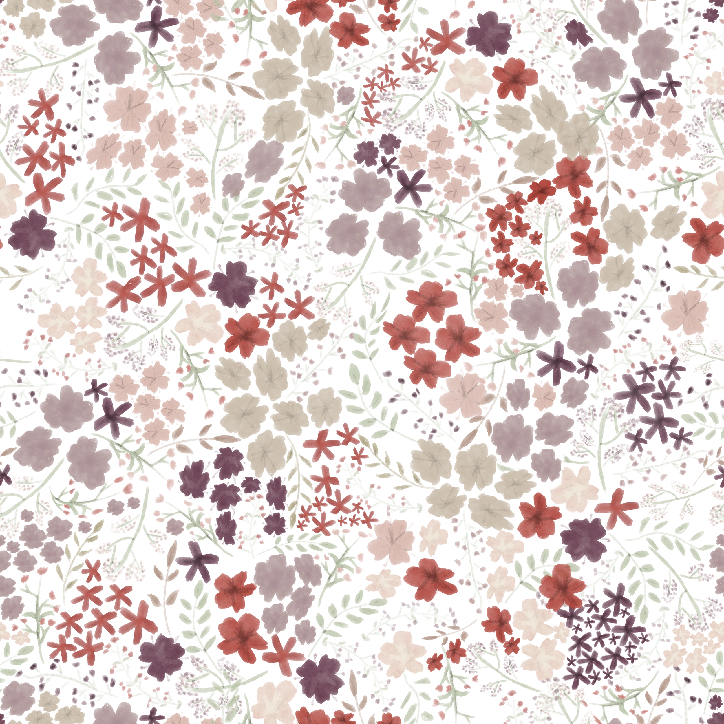 A pattern of various small flowers in shades of red, purple, pink, beige, and green on a white background.