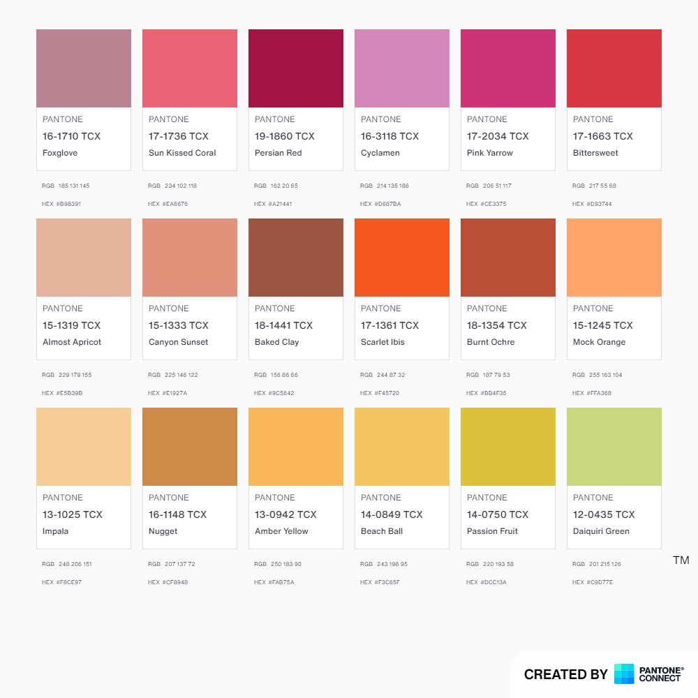Color palette chart with 15 different Pantone colors, each labeled with Pantone number, name, RGB and HEX codes. Colors include shades of pink, red, orange, yellow, and green.