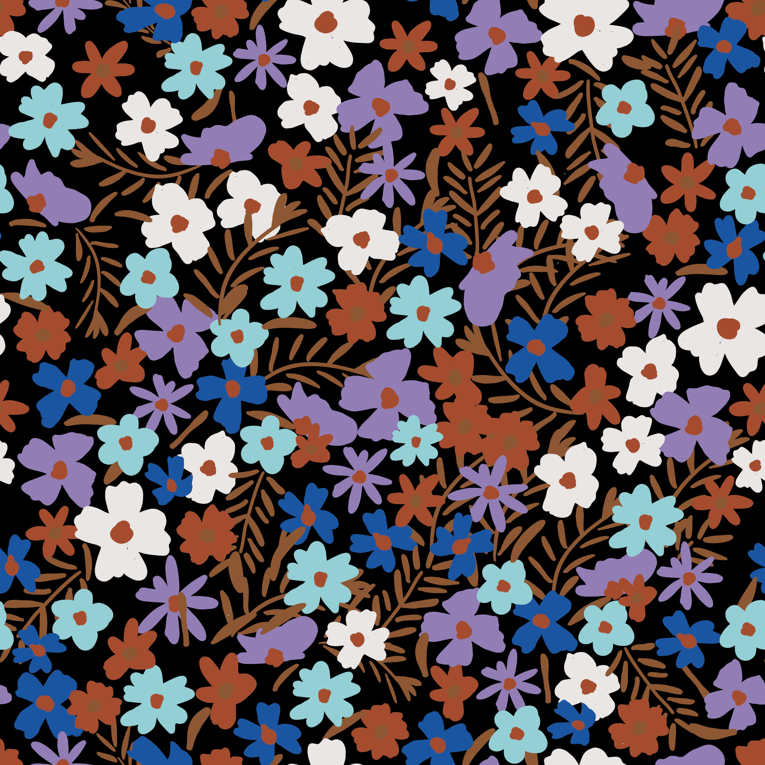 A seamless pattern of colorful flowers and leaves with a black background. The flowers are white, light blue, purple, and brown, with brown stems and leaves scattered throughout.