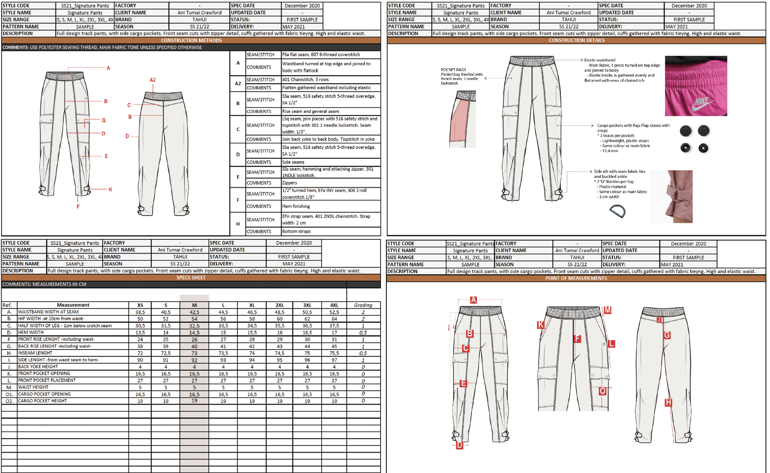 Technical drawing and detailed specifications of Signature Pants, style code SS21, for Ani Tumi Crawford, manufactured by TAHUI, first sample delivered in May 2021, season SS 21/22. The document includes front and back views with labeled measurements, construction methods, fabric details, and additional technical notes.