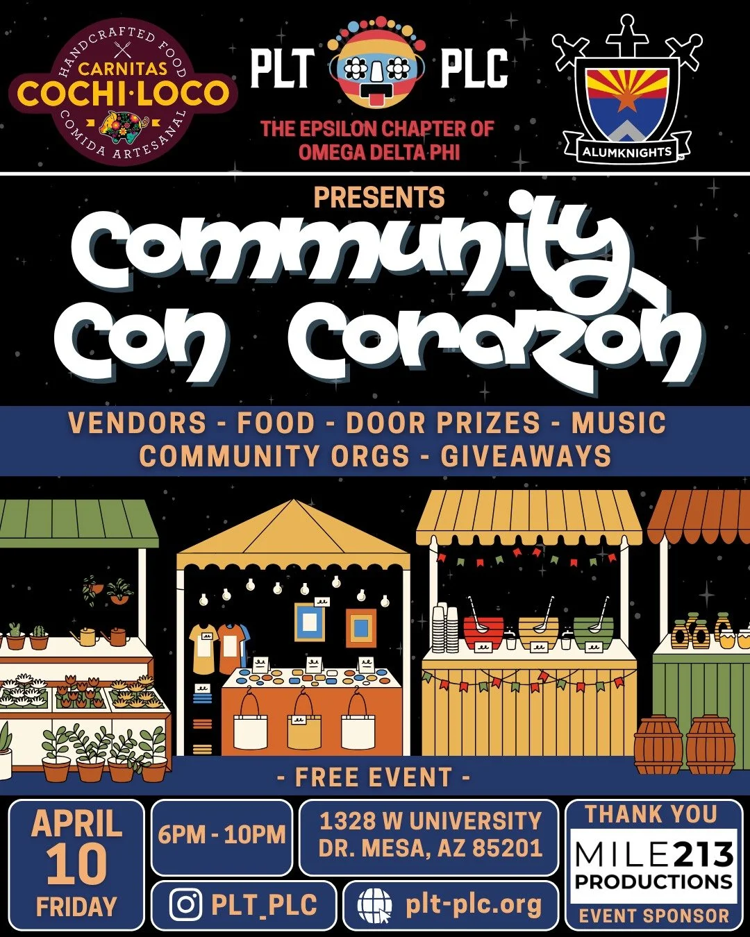 Community Con Corazon 💙

We are proud to announce the inaugural Community Con Corazon! 🎉🎉🎉

Event Details
Date: April 10, 2026 
Time: 6pm-10pm
Location: 1328 W University Dr. Mesa, AZ 85201 (Carnitas Cochiloco)
______

We want to give a big thank