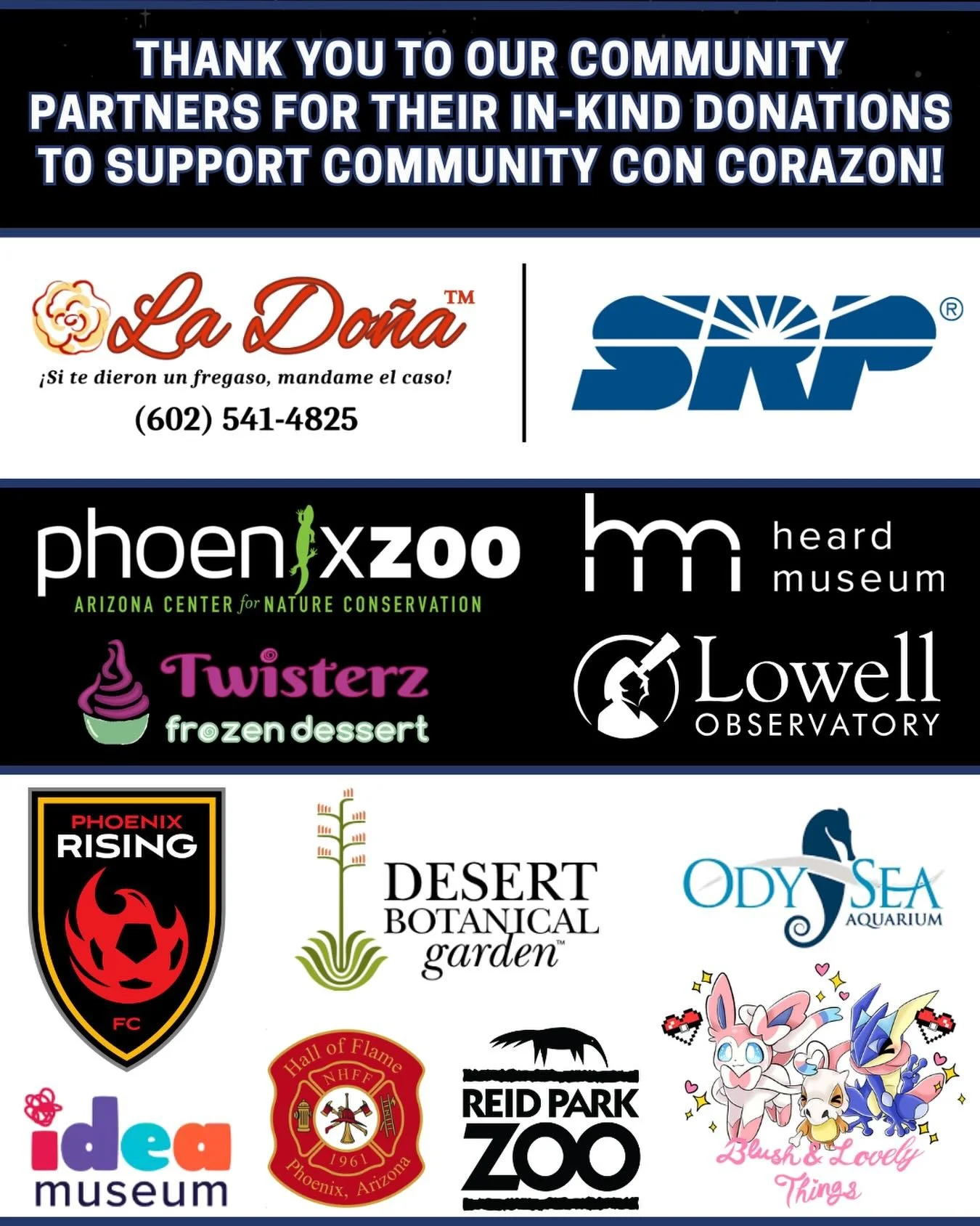 Thank You 💙💜

We want to thank the following community partners for their in-kind donations to support Community con Corazon 🎉💜

Door Prizes that are being raffled off for free today, we&rsquo;re made possible by the consideration and support of 