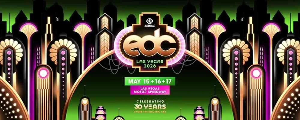 Promotional graphic for the 2026 Electric Daisy Carnival (EDC) in Las Vegas, set for May 15-17, 2026, celebrating 30 years at Las Vegas Motor Speedway, featuring art deco style neon-lit buildings and a city skyline background.