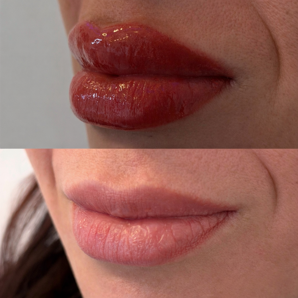 Before and after lip blush tattoo showing natural pink healed lips and freshly applied glossy red pigment, performed in Lakeland Florida by SkinRX.FL.
