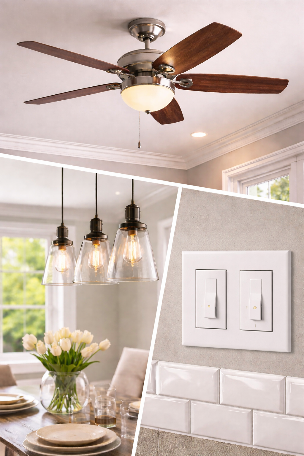 Ceiling fan with wooden blades and a built-in light fixture in a living room; modern pendant lights with glass shades over a dining table with white tulips, plates, and glasses; double light switches on a wall with white ceramic tile and beige wall