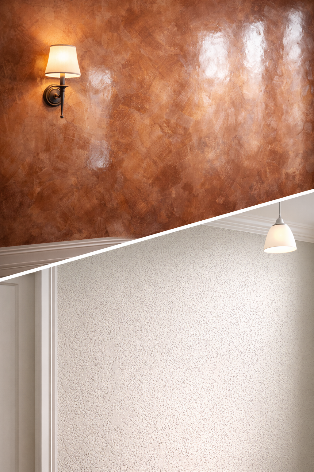 Comparison of two wall textures. The top wall has a textured, warm brown and orange faux finish, illuminated by a wall-mounted lamp. The bottom wall features a smooth, off-white textured wallpaper illuminated by a ceiling light.