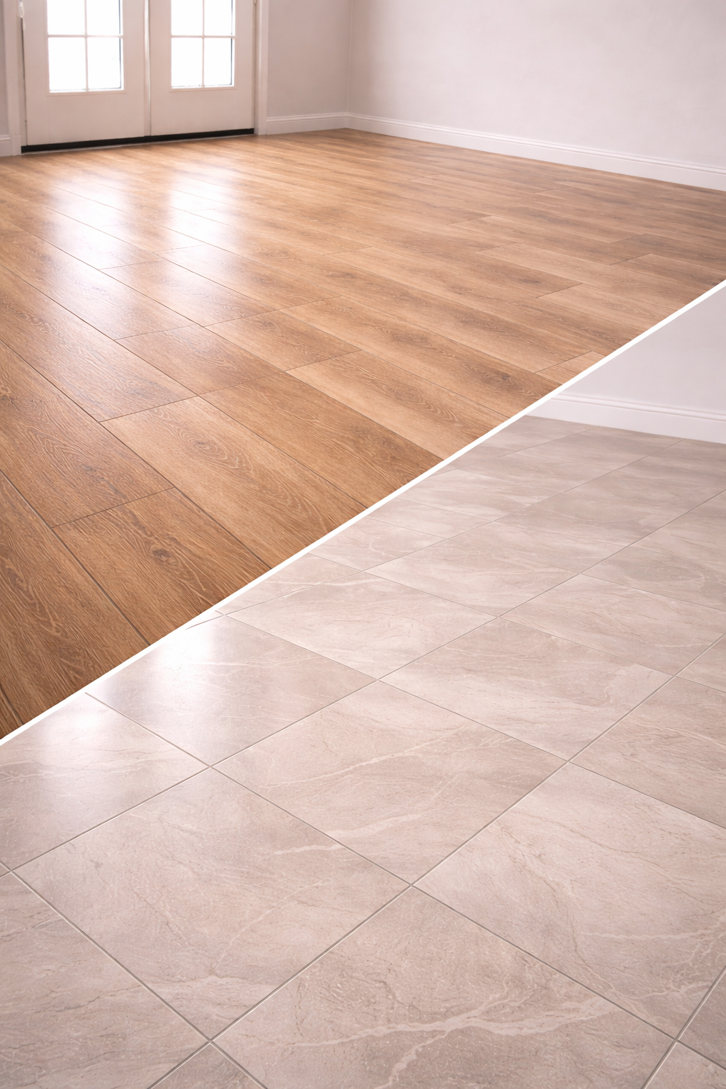 Comparison of two types of flooring: hardwood on the left and tile on the right.
