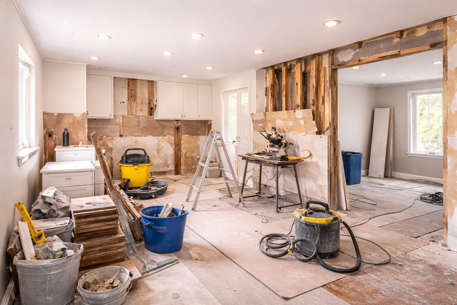 Kitchen remodeling in progress with exposed wall studs, construction tools, and debris.