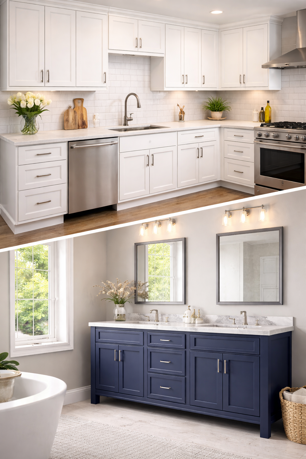 Two kitchen spaces, one with white cabinets and stainless steel appliances, and another with navy blue cabinets and a double sink, decorated with plants and mirrors.