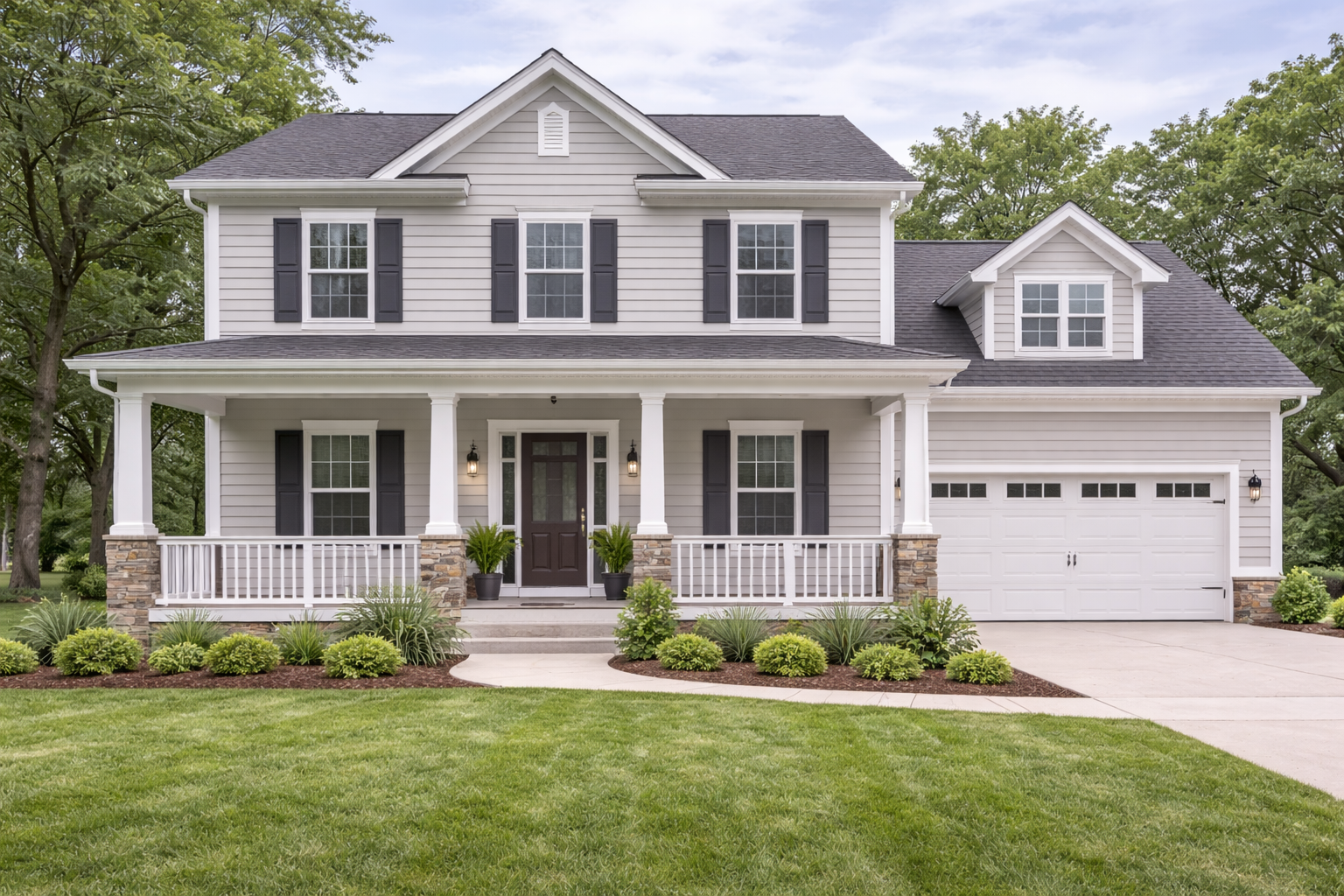 General paint restoration, laminate flooring installation, and application of epoxy paint for the garage and porch.