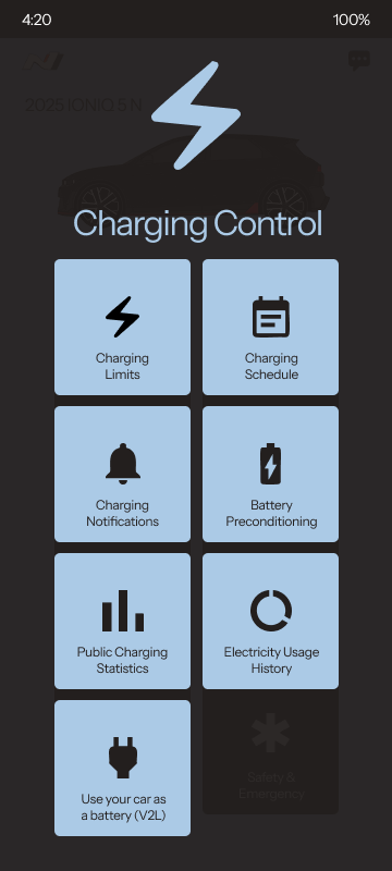 Press "More" icon at top right of the charging menu button for the charging sub-menu