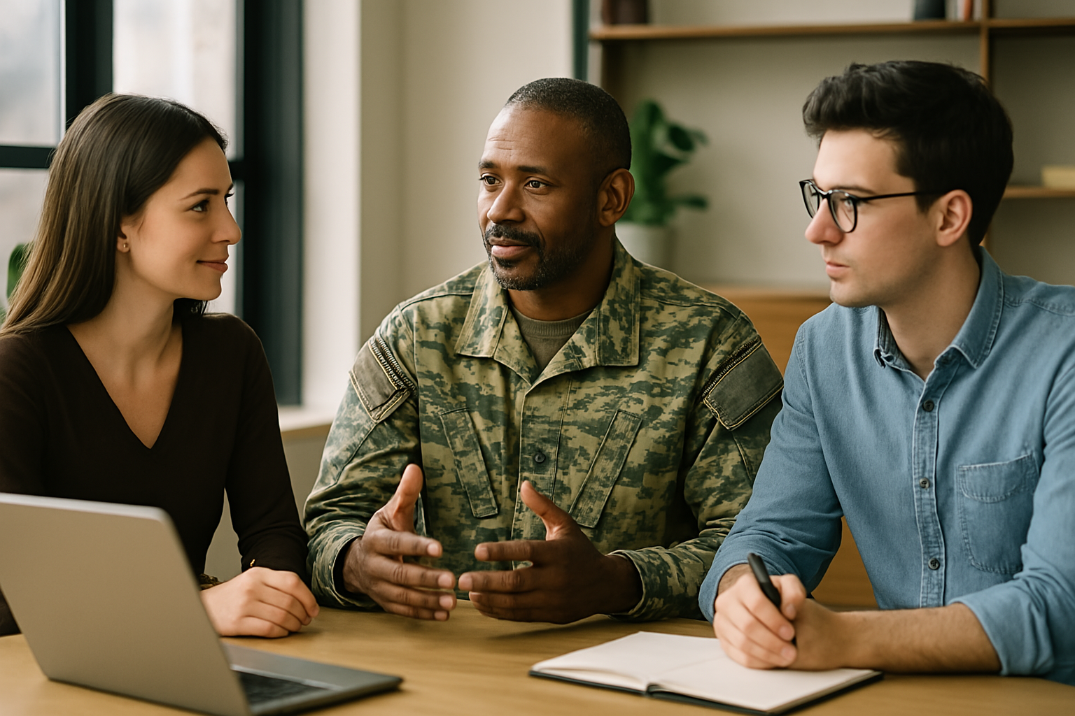 A group of three people engaged in a discussion at a table, including a man in military uniform, a woman, and a man with glasses. They are next to a laptop and a notebook.