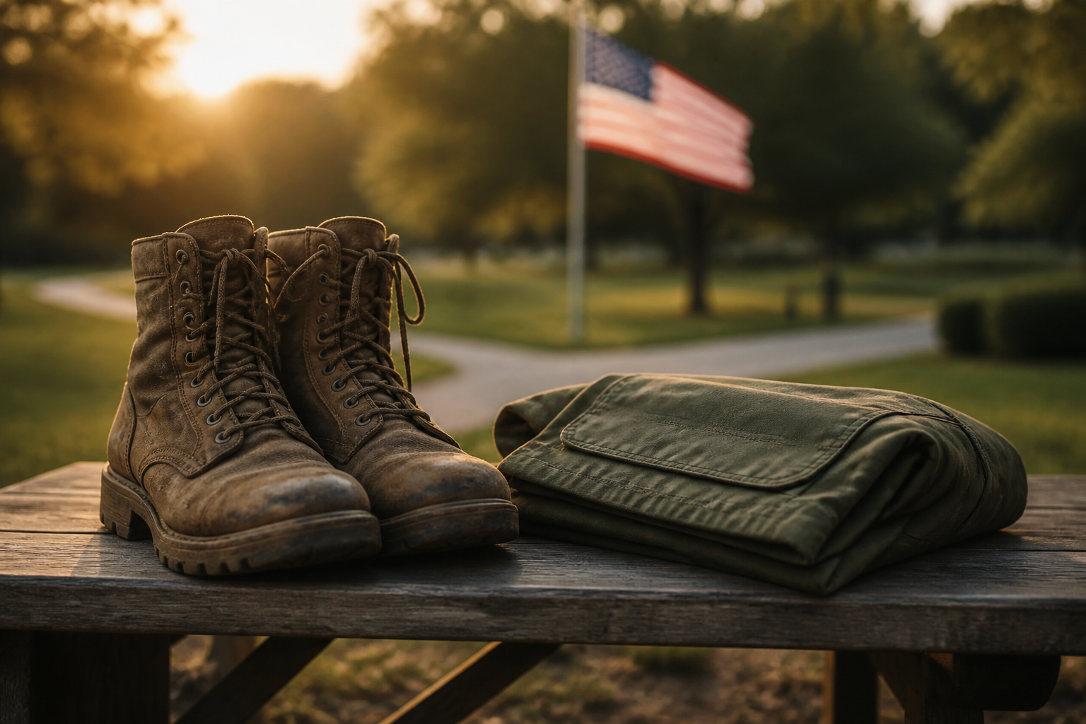 AI-generated illustration of military boots and an olive jacket on a bench, with an American flag in morning light.
