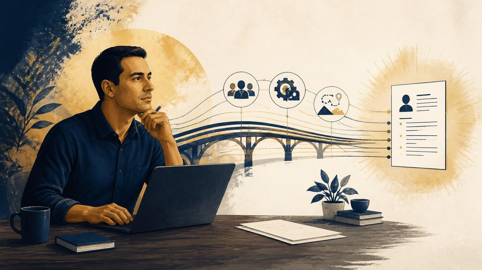 AI-generated illustration of a person at a laptop, with a bridge connecting teamwork and planning symbols to a civilian résumé.