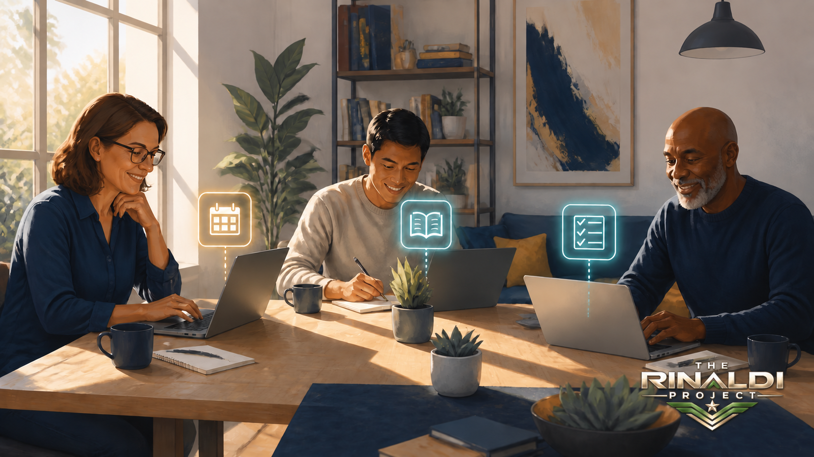 Three adults use laptops in a sunlit community workspace, with calendar, learning, and checklist symbols illustrating AI assistance.