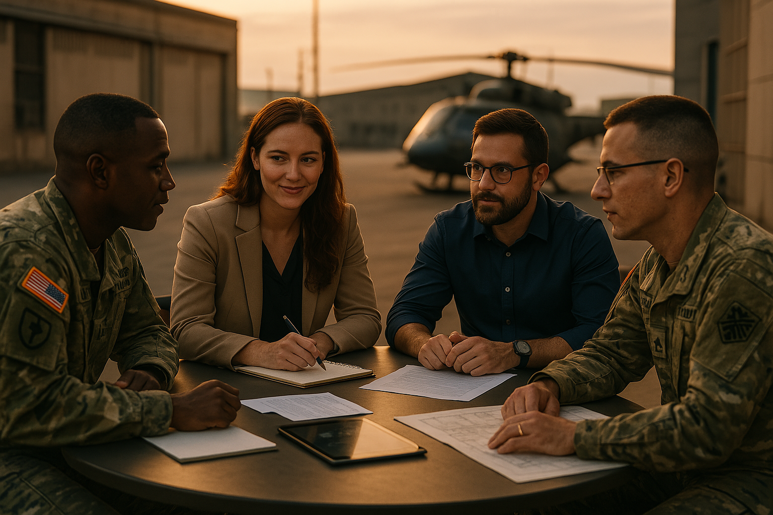 Four people, including two in military uniforms, discuss documents at a table near a helicopter.