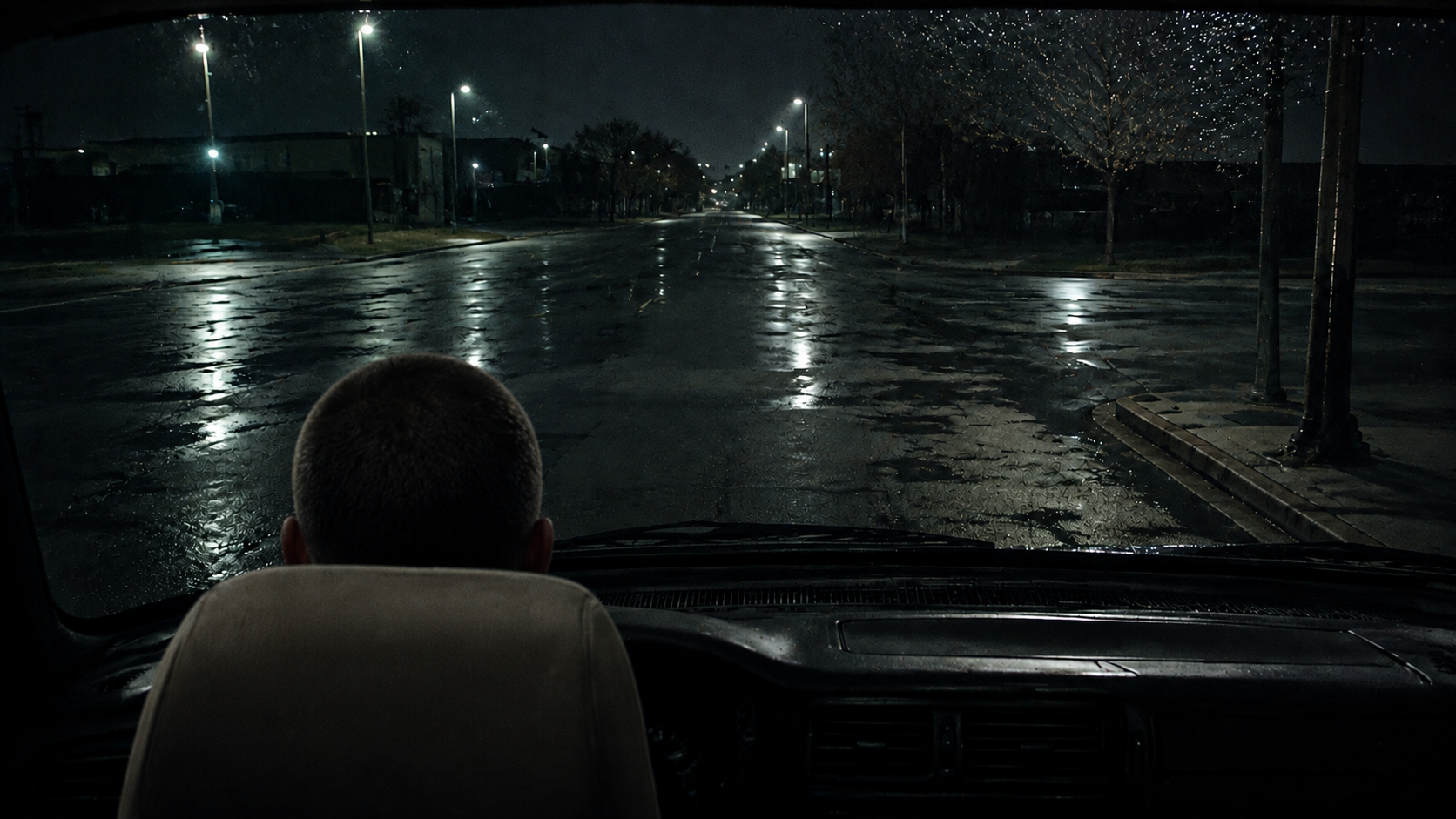 From a car’s rear seat before dawn, a driver seen from behind faces a wet approaching intersection.