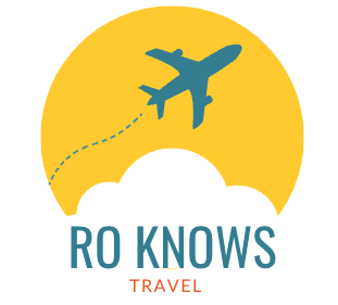 Logo with airplane silhouette, yellow sun, and "RO KNOWS TRAVEL" text.