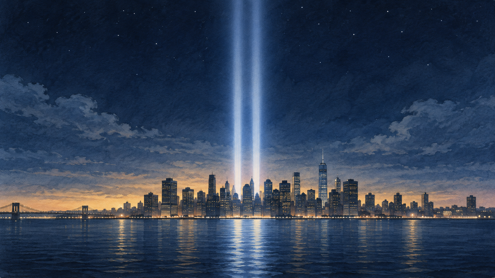 AI-generated memorial illustration of two columns of light rising above a city skyline and calm water.