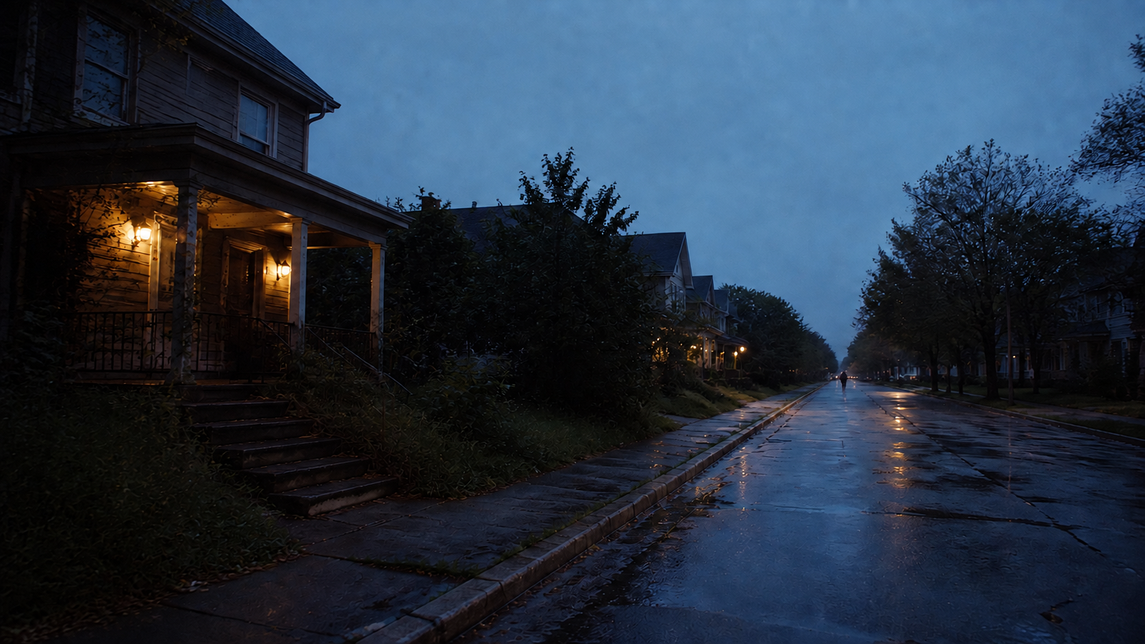 A distant figure walks away along a wet residential street at blue hour as porch lights come on.