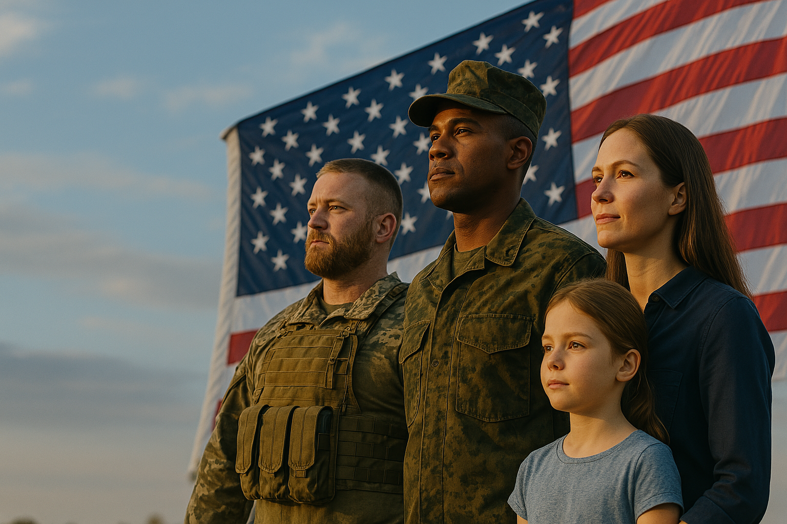 Group of people, including two soldiers in uniform, standing in front of an American flag during sunset.
