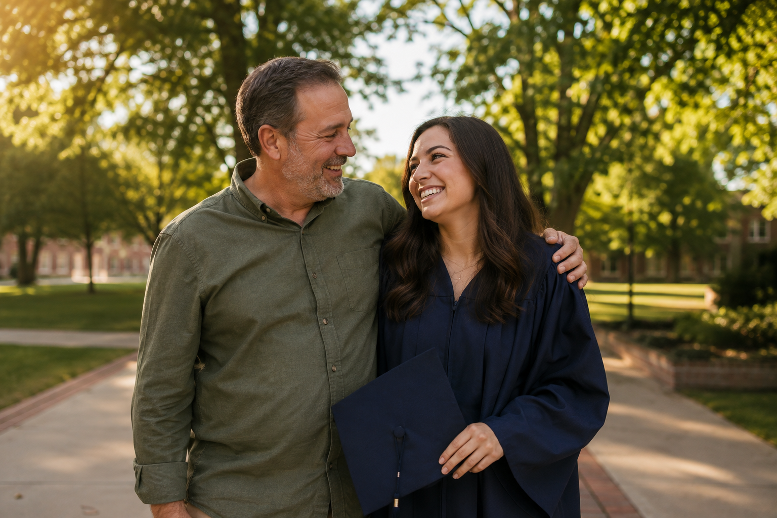 AI-generated illustration of a father smiling with his adult daughter in a navy graduation gown on a sunlit campus.