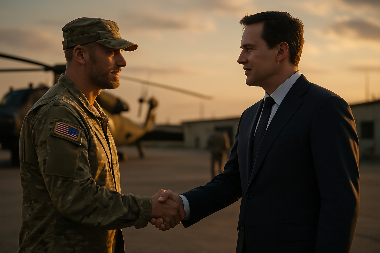 A military officer in a camouflage uniform shakes hands with a man in a suit on an airfield. A helicopter is in the background during sunset.