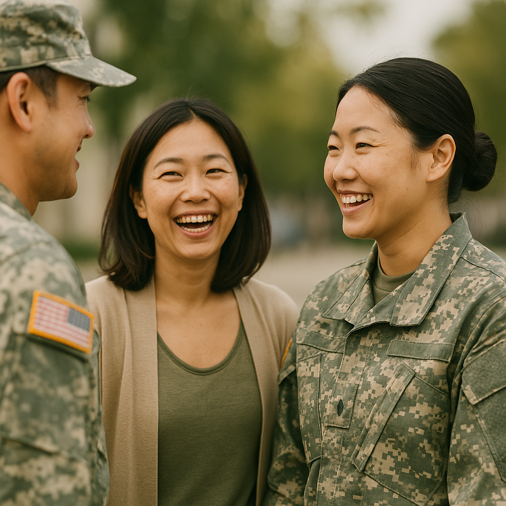 Three people smiling, two wearing military uniforms, outdoors.