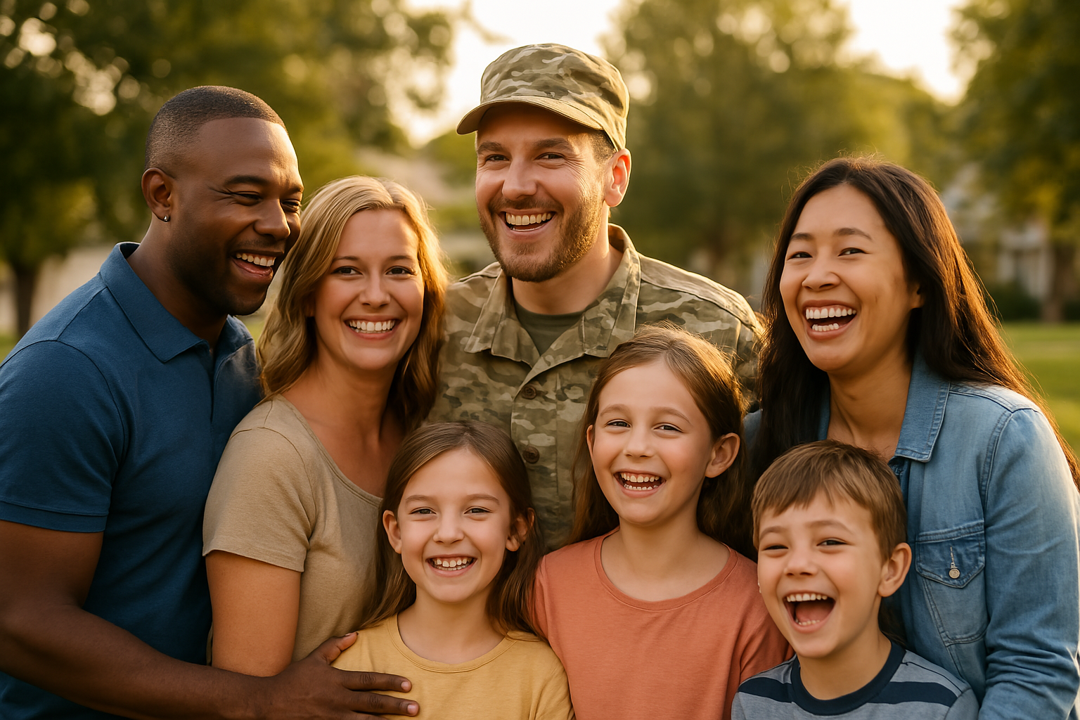 Group of diverse adults and children smiling outdoors, person in military uniform.