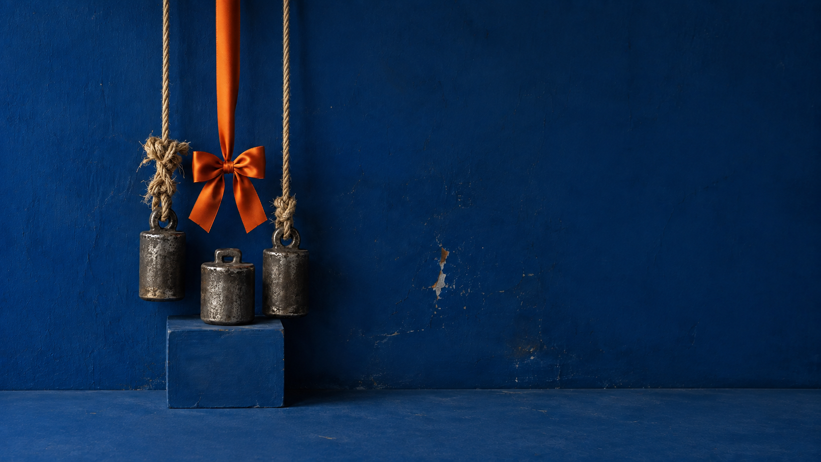 Two rope knots support steel weights while a satin bow hangs disconnected above a third weight.