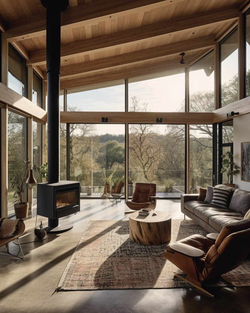 Modern living room with large windows, wooden ceiling, minimalist furniture, wood-burning stove, rug, and landscape view.