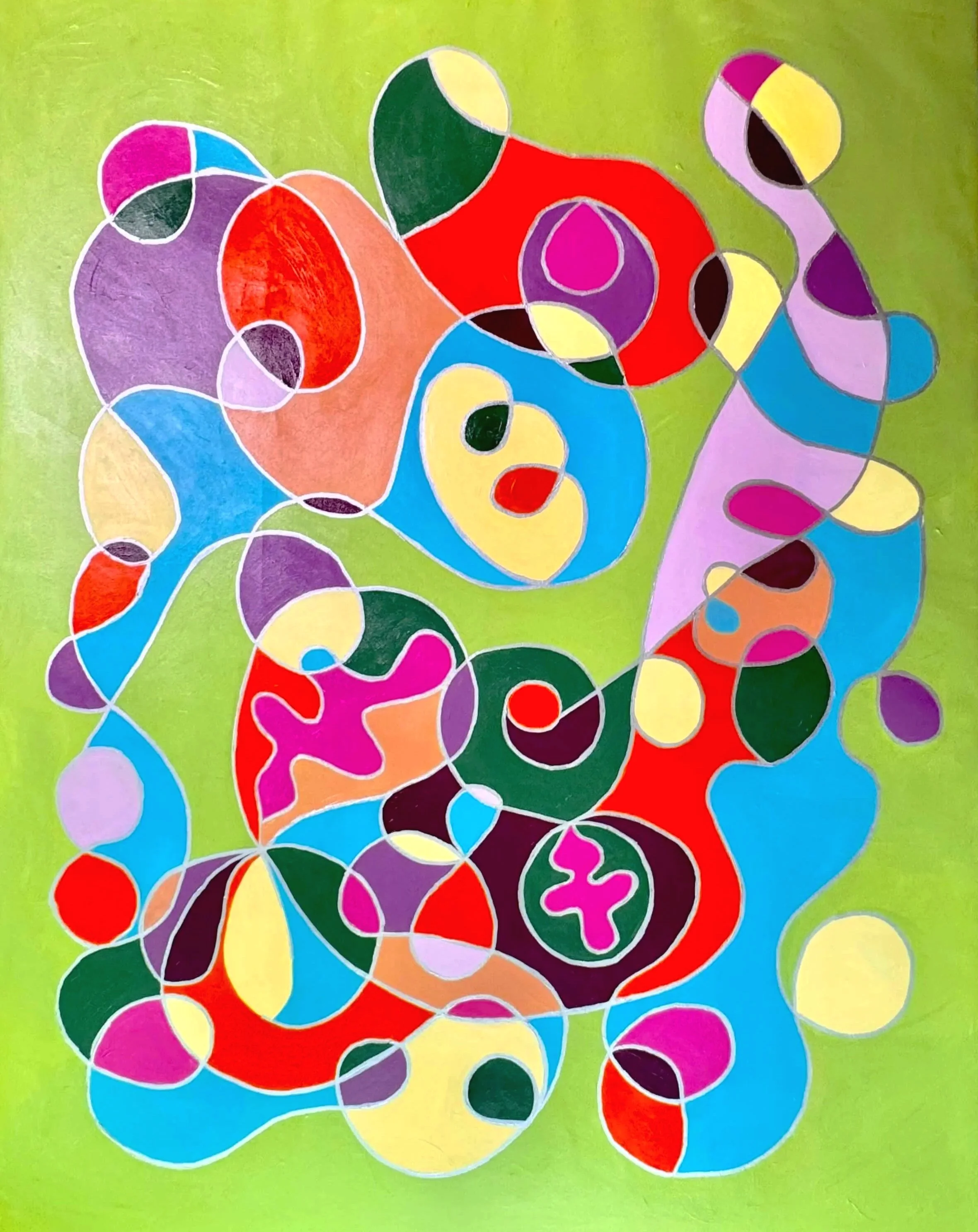 Colorful abstract artwork with interconnected loops and shapes on a green background.