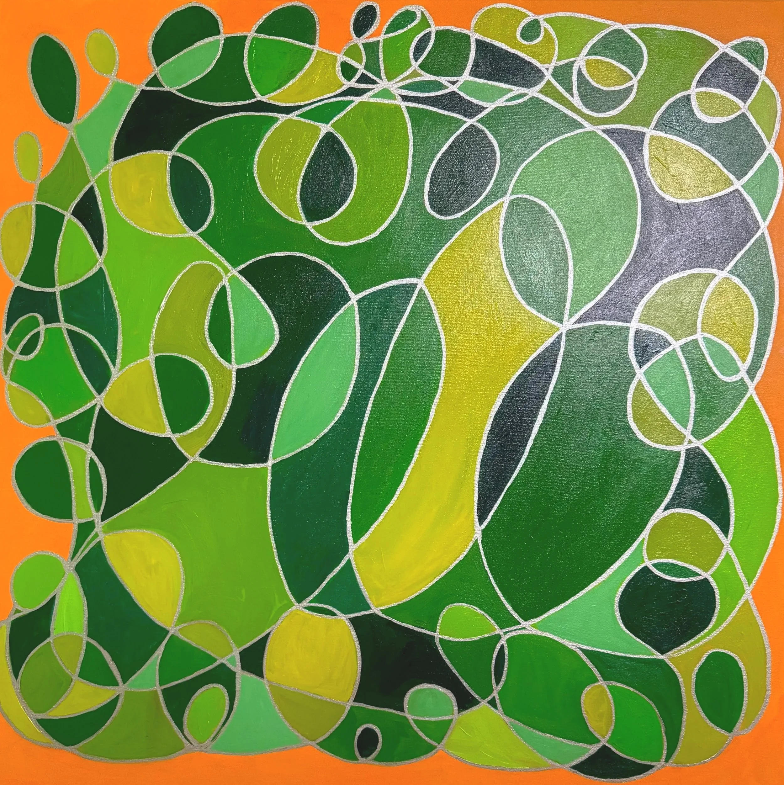 A colorful abstract painting featuring interconnected, irregularly shaped green and yellow patches outlined in white, set against an orange background.